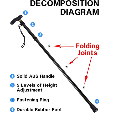 Folding aluminum walking stick, portable walking stick, hiking sticks, foldable walking stick 4 sections aluminum alloy walking stick for hiking camping mountaineering trekking (black)