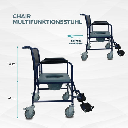 Mobiclinic, Commode Chair with Wheels, Barco, European Brand, Toilet Seat for the Elderly and Disabled, Toilet Seat, Folding Armrests, Removable Footrests, Lid, Parking Brake, Blue