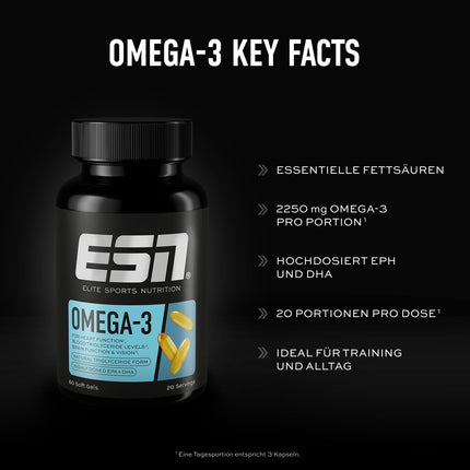 ESN Omega-3, 60 capsules, high-dose EPA &amp; DHA, 1200 mg EPA &amp; 900 mg DHA per serving - made in Germany