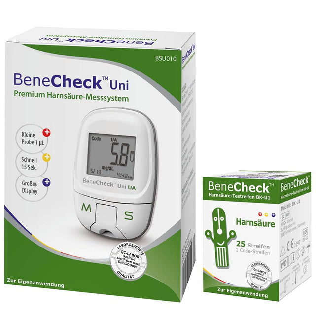 BeneCheck Premium Uric Acid Meter Bundle – including 35 test strips and 10 lancets | Uric Acid Tester for gout control | Starter set for precise uric acid measurement at home