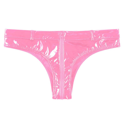 MSemis women's wetlook string thong open briefs hot pants patent leather shorts underwear erotic lingerie gogo panties sexy lingerie with zipper pink CL