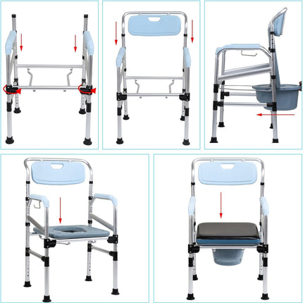 Vkechh Height-adjustable toilet chair, anti-slip toilet chair with padded seat and toilet bucket, armrest and backrest, foldable portable toilet bucket, shower stool up to 160 kg