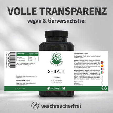 Shilajit Original Himalaya - High Dose: 13,000 mg Shilajit per daily dose (10:1 extract) + 50% Fulvic Acid + 12% Humic Acid - 3 Month Supply (180 Capsules) - No Additives - Green Naturals®
