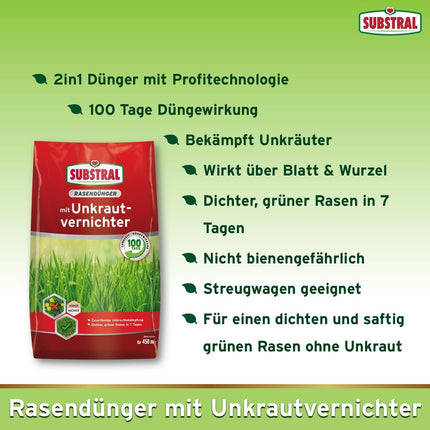 Substral lawn fertilizer with weed killer, 2-in-1: weed killer + fertilization, 100 days long-term effect, 450 m², 9 kg