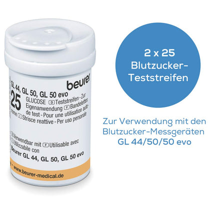 Beurer blood glucose test strips 50 pieces (2x 25-pack) for use with GL 44, GL 50 and GL 50 evo, suitable for self-testing