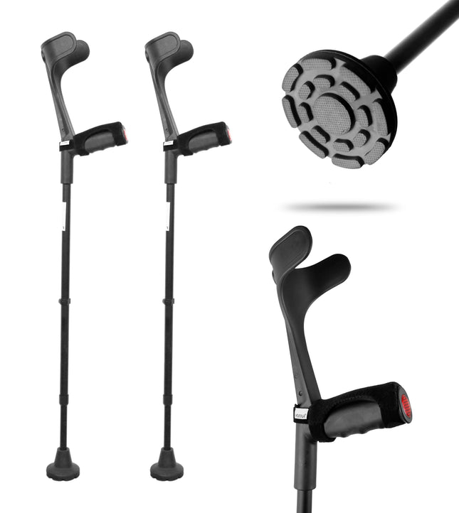 KMINA - Crutches with soft grip (x2 pieces), forearm crutches, orthopedic walking aids for adults, seniors, black - Made in Europe