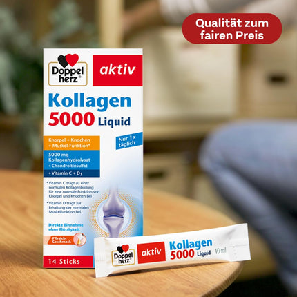 Doppelherz Collagen 5000 Liquid - with collagen hydrolysate, chondroitin sulfate, vitamins, and manganese - 14 peach-flavored sticks