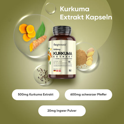 Turmeric Extract Capsules - 500mg Turmeric Extract - 180 Capsules for 6 Months - Curcumin with 20mg Ginger &amp; 600mg Black Pepper - 1 Capsule Daily - Curcumin - WeightWorld
