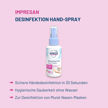 IMPRESAN Disinfectant Hand Spray | Hygienic cleanliness without water | Suitable for hands and face masks | Effective against bacteria and viruses | 100 ml