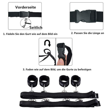 BDSMAGE BDSM set with 9 pieces, SM bed sets, ostrich feather whip and satin eye mask, handcuffs, ankle cuffs, cross buckle, fetish restraints sex toy extreme bondage set on the bed for couples