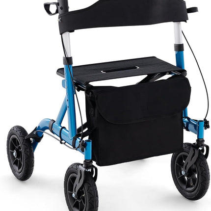 FANTASK 2-in-1 Rollator with pneumatic tires and seat up to 160 kg, foldable and lightweight aluminum with bag and cane holder, walking aid with 6-way height adjustment, wheelchair and travel rollator (blue)