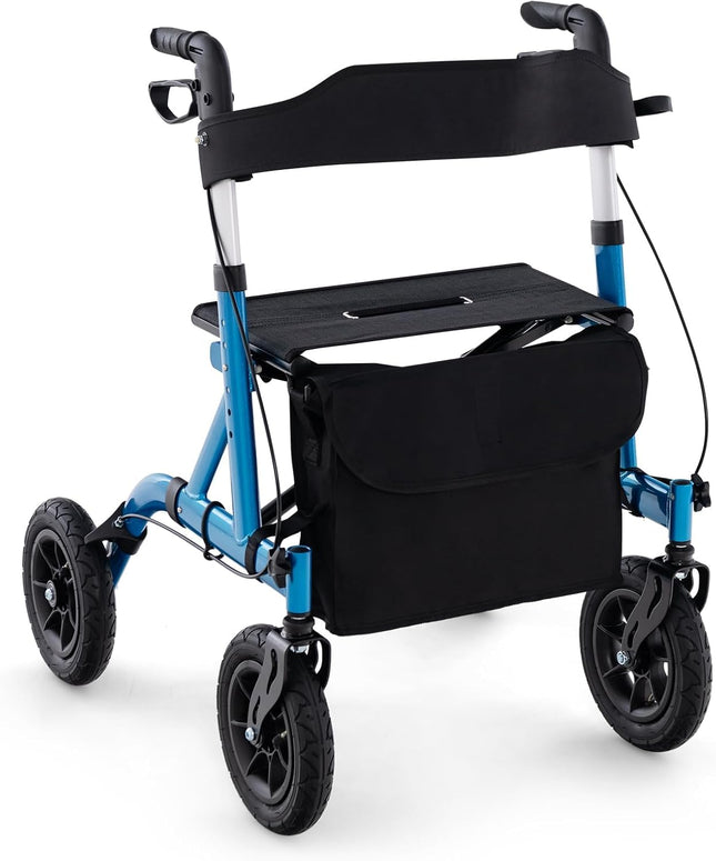 FANTASK 2-in-1 Rollator with pneumatic tires and seat up to 160 kg, foldable and lightweight aluminum with bag and cane holder, walking aid with 6-way height adjustment, wheelchair and travel rollator (blue)
