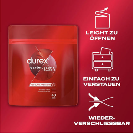 Durex Real Feel Classic Condoms – Thin condoms with an anatomical easy-on shape and lubricated with silicone gel – 40-pack (1 x 40 pieces)