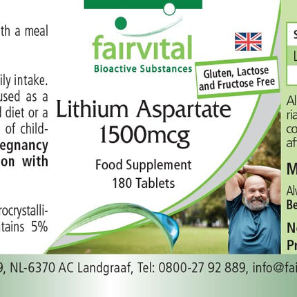 Fairvital | Lithium Aspartate 1500μg - 180 Tablets - Organically bound lithium - Highly bioavailable - Quality-tested and high-dose - 100% vegan - Made in Germany