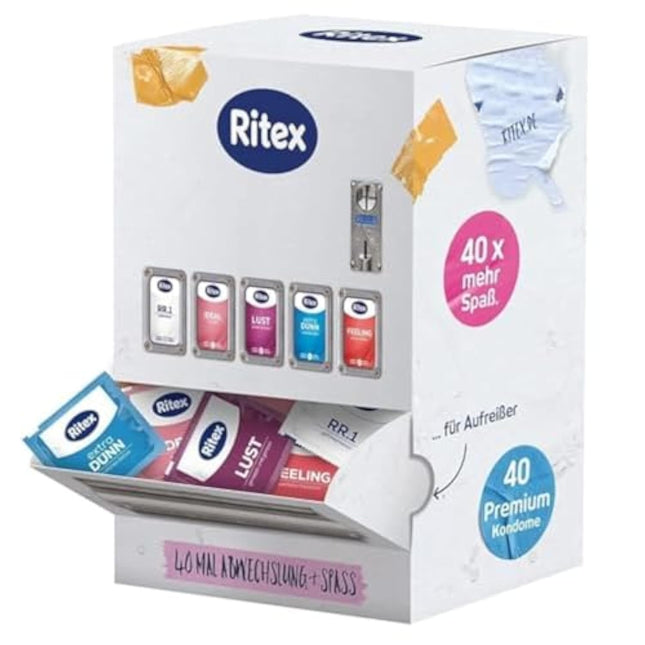 Ritex condom dispenser – condom sample pack of 40, condom dispenser with 5 different Ritex condoms for variety &amp; fun – vegan condoms, dermatologically tested, Made in Germany
