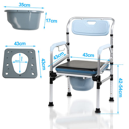 Izrielar Height-Adjustable Toilet Chair, Non-Slip Toilet Chair with Padded Seat and Toilet Bucket, Armrest and Backrest, Foldable Portable Toilet Bucket, Shower Stool up to 160 kg