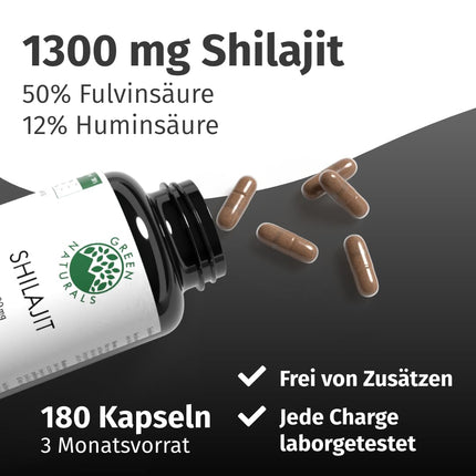 Shilajit Original Himalaya - High Dose: 13,000 mg Shilajit per daily dose (10:1 extract) + 50% Fulvic Acid + 12% Humic Acid - 3 Month Supply (180 Capsules) - No Additives - Green Naturals®