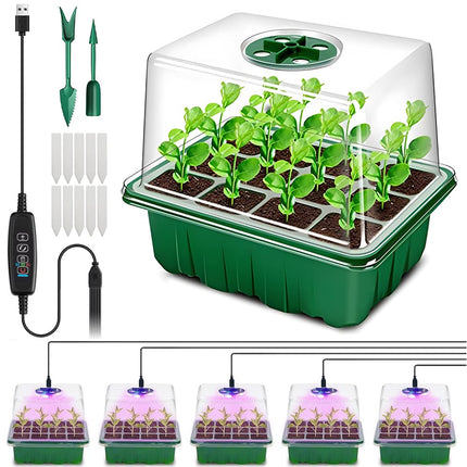 LUFEIS Indoor Greenhouse Propagator, 5 Pack Indoor Greenhouse with Light, 60 Cells Mini Greenhouse Propagation Set, Growing Station for Plants with Timing Controller and Seed Germination