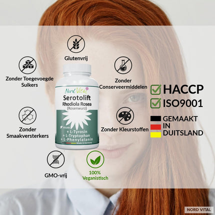 Nord Vital Serotolift - Serotonin and Dopamine Precursors - Rhodiola Rosea, L-Tryptophan, L-Tyrosine, L-Phenylalanine, Chromium, Zinc, Vitamins D3, B5, B6, B9 and B12 - Vegan - Made in Germany