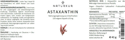 Naturkur® Astaxanthin 8 mg - 120 capsules in a pharmacist's glass jar - Premium raw material from the microalgae Haematococcus Pluvialis, vegan, without additives, handmade in Lower Franconia