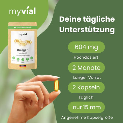 Omega 3 vegan capsules 120 pieces – 600 mg EPA &amp; DHA from algae oil – high dosage – triglyceride form – sustainably produced in Germany – no additives – laboratory-tested