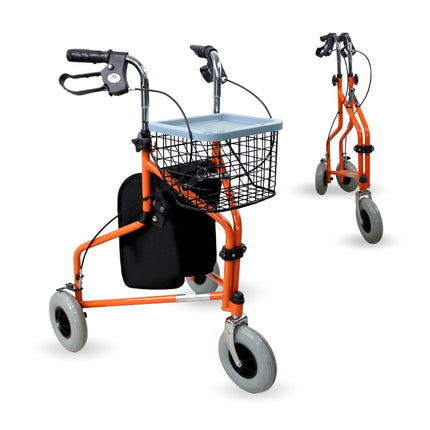 Mobiclinic, Caleta model, Rollator, Walker for seniors and disabled people, With 3 wheels, Foldable walking aid, Steel, Adjustable, Basket, Carrying bag, Brakes on the levers, Orange