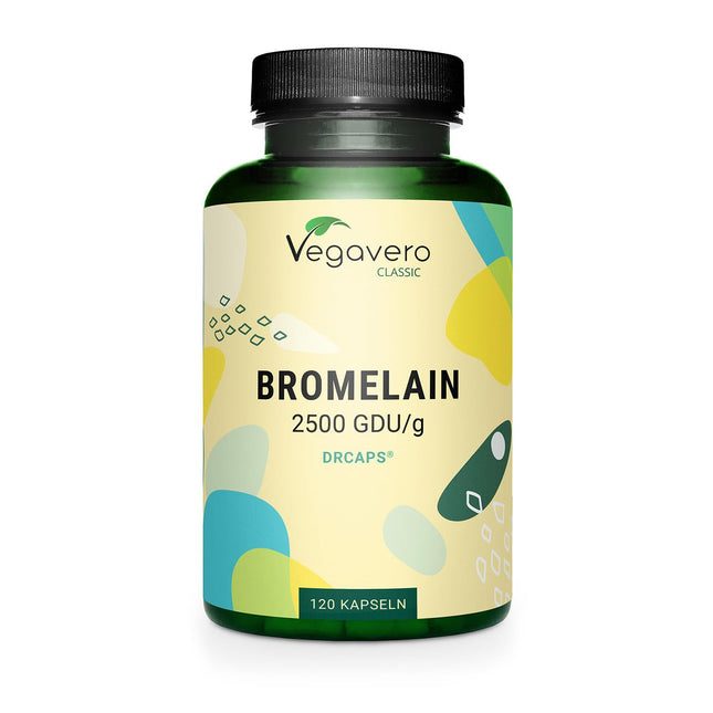 High-dose bromelain | up to 1300 mg per day | (3250 FIP - 1625 GDU) per capsule | Enteric-coated DRCaps® | Laboratory-tested | Made from pineapple | Vegan - no additives | German production Vegavero®