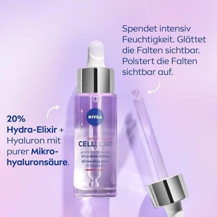 NIVEA Cellular Expert Filler Hyaluron Replumping Serum, light and fast-absorbing hyaluronic serum with Hydra Elixir, anti-aging facial care for smoothed wrinkles (30 ml)