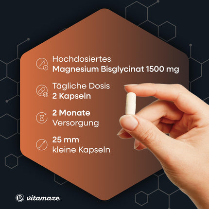 Magnesium bisglycinate capsules, high-dose, 1500 mg in just 2 capsules, including 300 mg elemental magnesium per daily dose, 120 vegan capsules for 2 months, no additives, Made in Germany