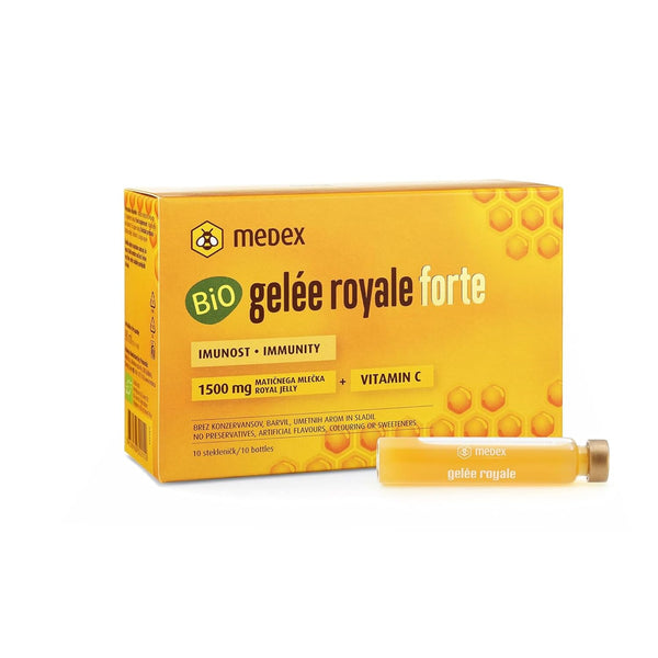 Medex Organic Royal Jelly FORTE, extra strong with 1500 mg royal jelly, liquid in easy-to-open ampoules, with natural vitamin C, from organic farming, 10 x 9 ml