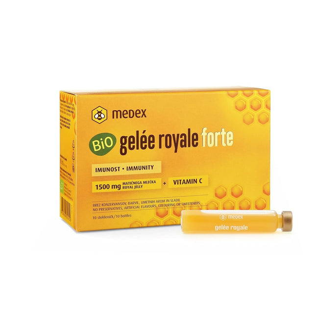 Medex Organic Royal Jelly FORTE, extra strong with 1500 mg royal jelly, liquid in easy-to-open ampoules, with natural vitamin C, from organic farming, 10 x 9 ml