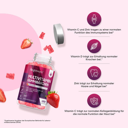 Multivitamin Gummies - 120 Gummies with 13 Ingredients - With Iodine, Vitamins C, A, D3, E, B9, B5, Biotin, Zinc - Strawberry Flavor - 2-Month Supply - Alternative to Capsules - WeightWorld