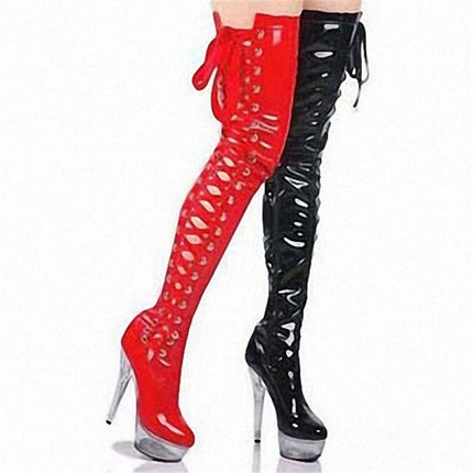 HOMDREAM High Heels 15CM Stretch Overknee Boots Catwalk Ribbon High Heel Stage Boots,Black-45