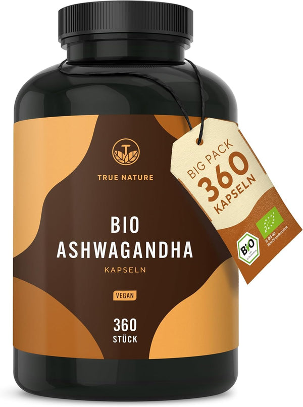 Organic Ashwagandha - 360 Capsules (BIG PACK) - High-dose 2600mg per day (90 days) - 650mg per capsule - Indian organic Ashwagandha - Vegan, laboratory-tested, German production - TRUE NATURE