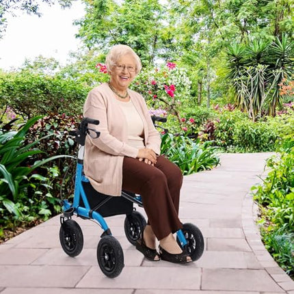 FANTASK 2-in-1 Rollator with pneumatic tires and seat up to 160 kg, foldable and lightweight aluminum with bag and cane holder, walking aid with 6-way height adjustment, wheelchair and travel rollator (blue)