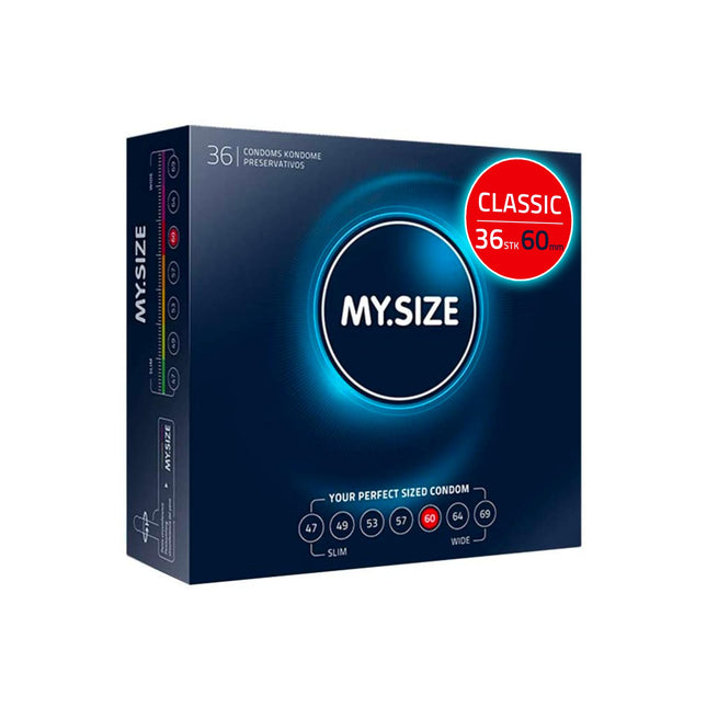 MY.SIZE Classic Condoms Size 5 I 60 mm Width I 36 Pieces Large Pack I Premium Condoms Extra Thin I Realistic, Ultra-Thin Condoms I Thin 0.07 mm Wall Thickness I Vegan Condoms I Condoms for Men