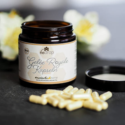 bedrop Royal Jelly Capsules Organic Quality 60 Capsules - 1 capsule = 980 mg pure Royal Jelly, 10-HDA content &lt;4.8% - Royal Jelly rich in polyphenols &amp; flavonoids