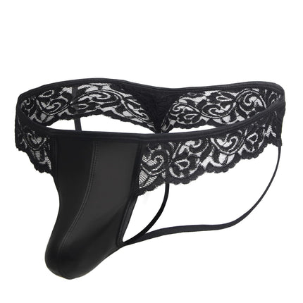 String Thong Men's Sexy Lingerie Faux Leather Underwear Men Erotic Wetlook Lace Panties Briefs Thong Open Crotch Transparent Underpants T-Back Sissy Lingerie Gay Large Sizes Black M