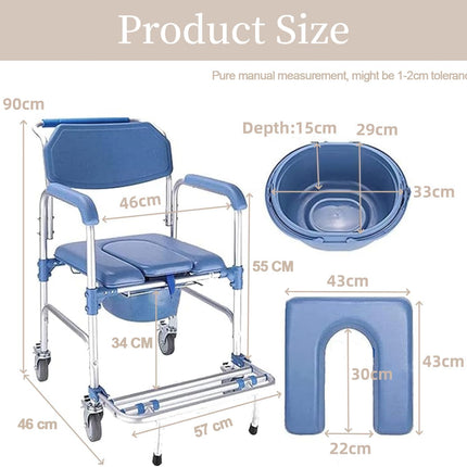 Shower chair with wheels, toilet chair for seniors, wheelchair with shower seat, waterproof chair, commode, load capacity 150 kg for patients, seniors, disabled pregnant women