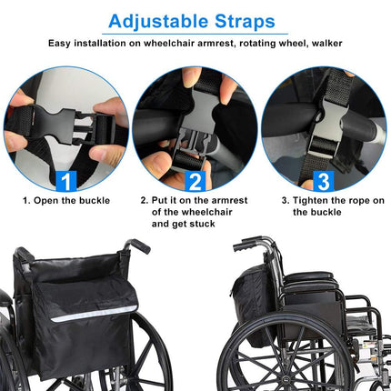 PERFETSELL Wheelchair Bag Rear Waterproof Oxford Wheelchair Bag Large Black Wheelchair Backpack Storage Bag with Reflective Strips for Wheelchair Handles