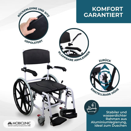 Mobiclinic®, Commode Wheelchair, Height Adjustable, Self-Propelled, Calígula, Folding Footrest and Armrests, With Removable Bowl, Wheel Brake, Aluminum