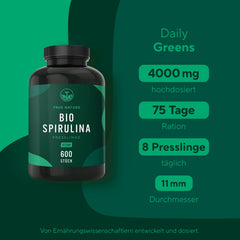 Organic Spirulina Tablets – 600 Tablets (500 mg) – 4,000 mg High Dose – Organic Algae from Certified Organic Farming – Vegan – TRUE NATURE®