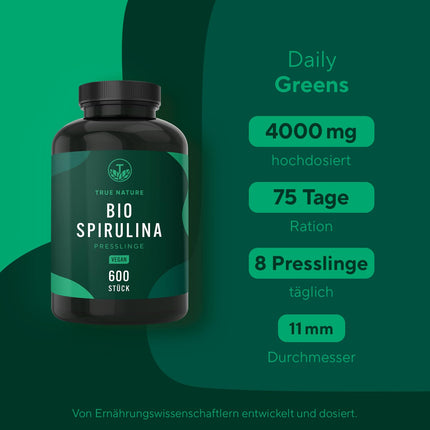 Organic Spirulina Tablets – 600 Tablets (500 mg) – 4,000 mg High Dose – Organic Algae from Certified Organic Farming – Vegan – TRUE NATURE®