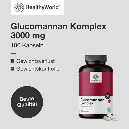 HealthyWorld® Glucomannan Complex 3000 mg – From Konjac Root – 180 Capsules – To Support Weight Loss – With Added Choline, Chromium, Vitamins D3 and B3 – Non-GMO – 1-Month Supply