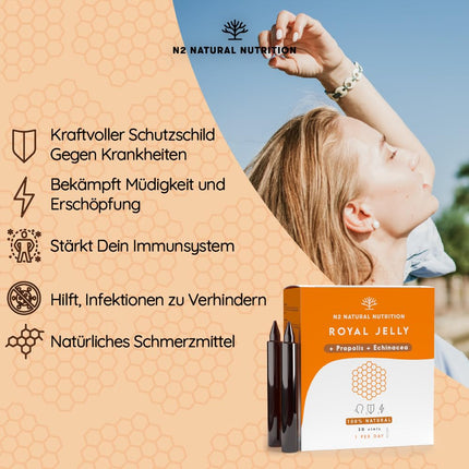 Pure Royal Jelly with Propolis, Vitamin C, and Echinacea. 30 ampoules, 2000 mg. Reduces fatigue and other symptoms, increases energy and vitality, and strengthens metabolism. N2 Natural Nutrition