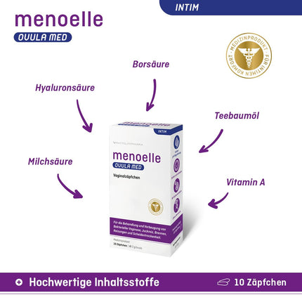 menoelle® OVULA med - Vaginal Suppositories. For bacterial vaginosis, vaginal yeast infections, and vaginal dryness. With lactic acid and hyaluronic acid. Hormone-free and preservative-free. 10 suppositories.