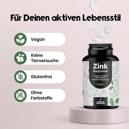Zinc tablets high-dose 25mg - 400 tablets high-dose with zinc bisglycinate - Vegan and produced in Germany - Laboratory-tested