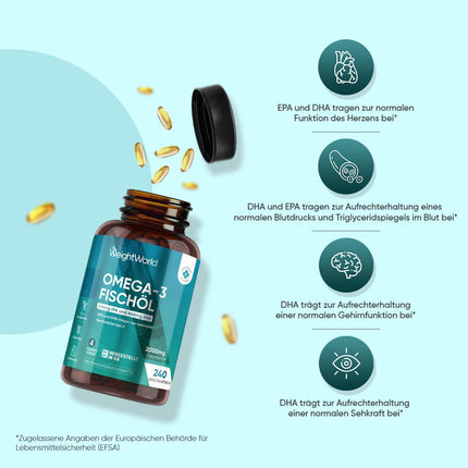 Omega 3 Softgels - 2000mg Fish Oil with 1100mg Omega-3, 660mg EPA &amp; 440mg DHA per serving - 240 Softgels - EPA &amp; DHA contribute to normal heart function (EFSA) - fish oil - WeightWorld