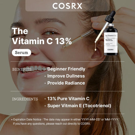 COSRX Pure Vitamin C 13% Serum with Vitamin E &amp; Hyaluronic Acid, Brightening &amp; Hydrating Facial Serum for Fine Lines, Uneven Skin Tone &amp; Dull Skin, 0.67fl.oz/20ml, Animal Testing-Free, Korean Skincare