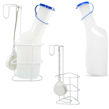Urine bottle set with bed holder (urine bottles 1000 ml + bed holder with lid), durable translucent PP urine bottle with cap, easy-to-read measuring lines, portable for travel